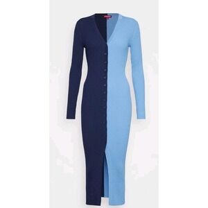 STAUD Shoko Navy Lt Blue Colorblock Ribbed Knit Buttondown Midi Sweater Dress S